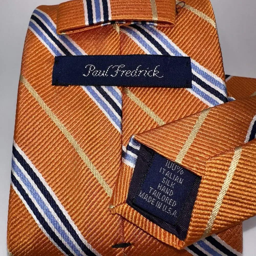 Paul Fredrick Mens Tie Orange Blue Gold Striped 100% Silk 58 x‎ 3.5 Classic